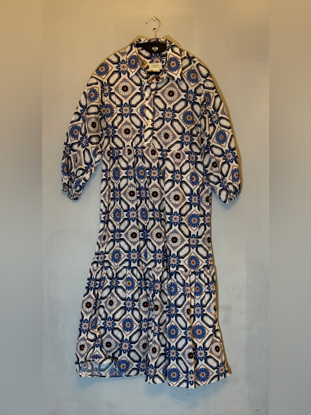 Maeve Anthropologie Blue Tile Print Collared Midi Shirtdress